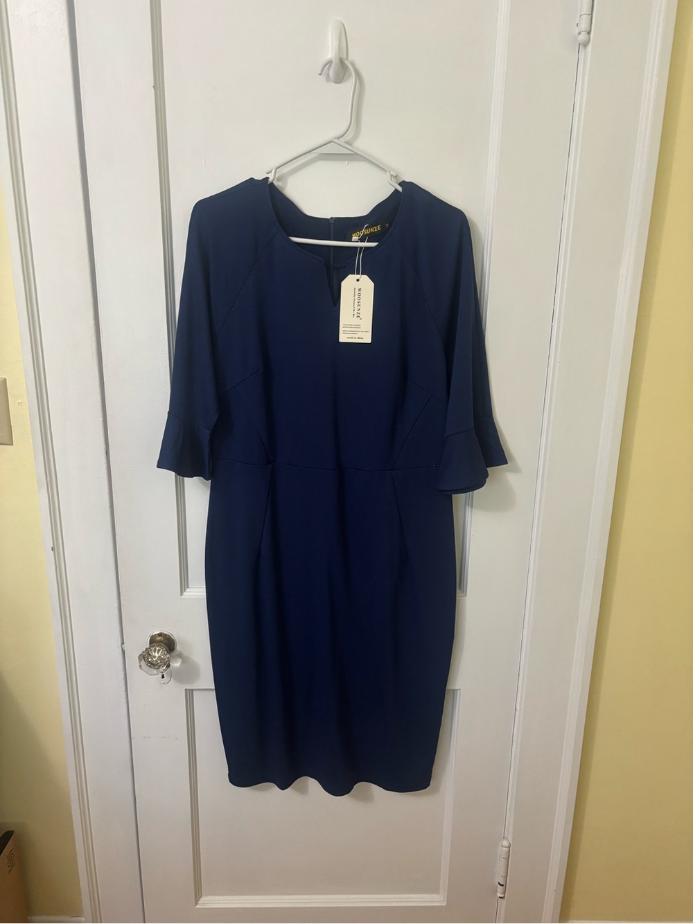 NWT Women's Navy Blue Sheath Dress with Ruffle Sleeves
